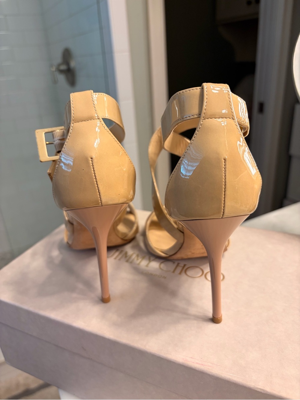 Jimmy Choo Lottie Patent Nude Strappy Stiletto Sandal - Picture 8 of 8